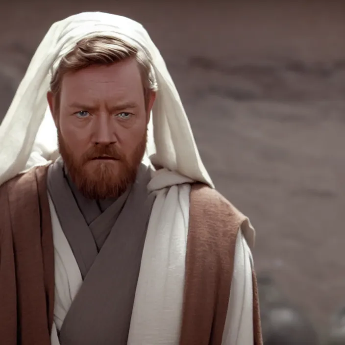 Prompt: obi wan kenobi but obese, photoralistic rendering, movie still, screenshot, hyperdetailed