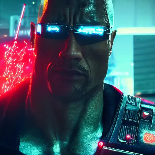 Prompt: dwayne johnson with terminator's eye, cyberpunk 2 0 7 7, photorealistic, ultra detailed, neon, octane, bokeh, cinematic lighting, cyber, cyberpunk city, studio quality, feature, scars, cyberface, 8 k