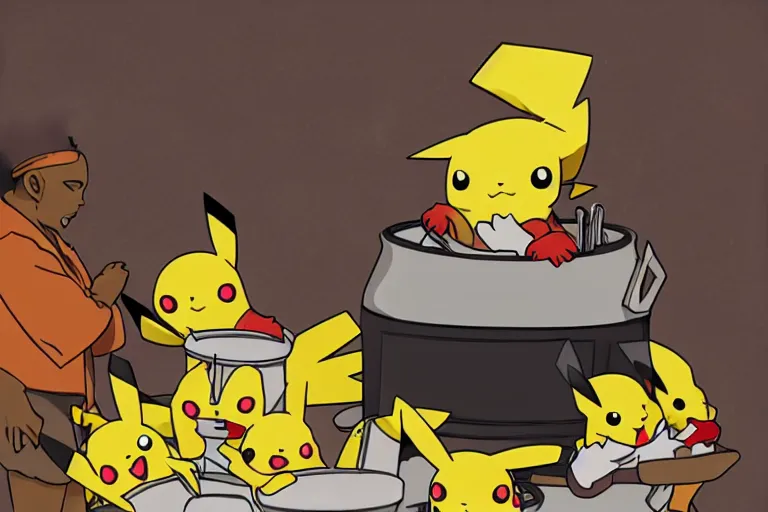 Image similar to pikachu getting cooked in a pot by african tribesmen, anime style