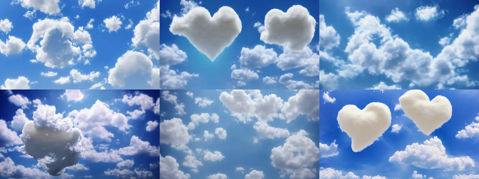 Prompt: lonly creamy fluffy soft cloud heart on blue clear sky, detailed, hyper realism, photo, realistic, soft volume absorbation, volume light, view up, diffused lights, ultra realism, cinematic, film