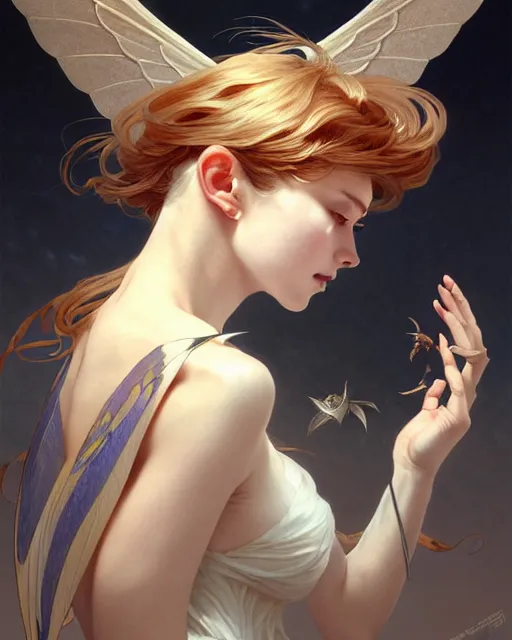 Image similar to portrait of a woman with wings, pixie character, genshin impact, fantasy magic, dark light night, intricate, elegant, sharp focus, illustration, highly detailed, concept art, matte, art by wlop and artgerm and greg rutkowski and alphonse mucha and kidmo, anime, trending on artstation