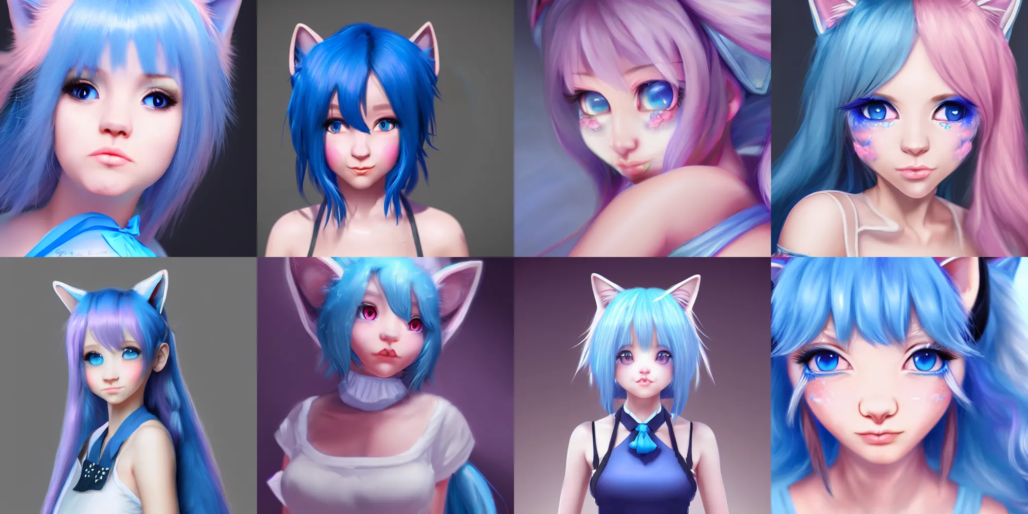 Prompt: very beautiful digital painting of a blushing blue-haired cat girl, neko, maid, wlop, trending on artstation,hyperdetailed, Unreal Engine 4k, 8k, ultra HD