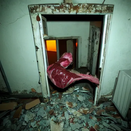 Prompt: flash photography of a meat creature inside a abandoned house,