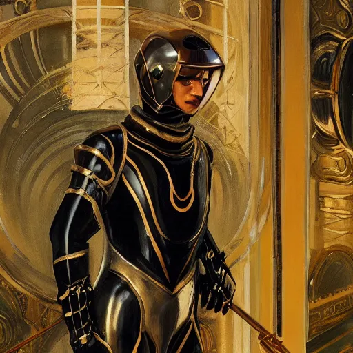 Prompt: closeup painting of uncannily beautiful aristocrat wearing black and bronze armor catsuit inside bronze byzantine arcology, science fiction by j. c. leyendecker and fritz lang and rembrandt and greg rutkowski and stefan prohaczka