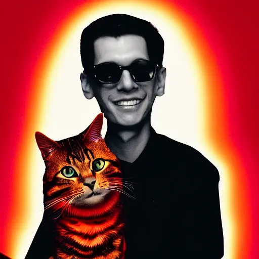 Image similar to portrait of neil cicierega holding his cat in the dark, red lighting, black background, their right eyes have lens flares