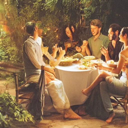 Image similar to a bohemian group of people performing rich meal by candlelight on the veranda among the greenery in summer