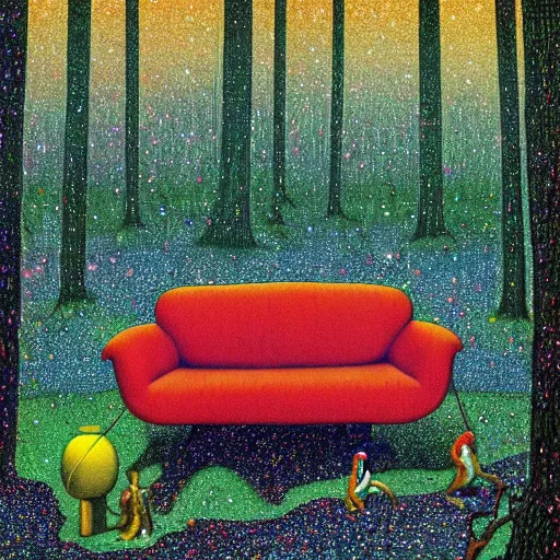 Image similar to psychedelic couch sofa in the pine forest, goose, milky way, designed by moebius, rob gonsalves, gustav dore, giuseppe arcimboldo and carl barks, louis wain, trending on artstation, canada, star, sharp focus, colorful refracted sparkles and lines, soft light, 8 k 4 k