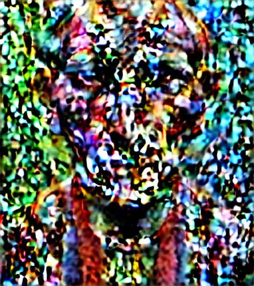 Image similar to Portrait painting in a style of Beksinski mixed with Alex Grey of an old shaman dressed in a colorful traditional clothes.