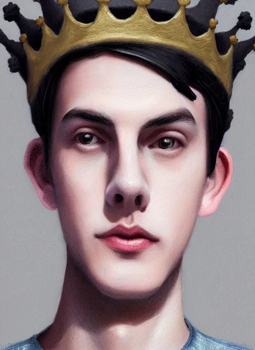 Image similar to portrait of teenage jughead jones wearing a light grey crown, photorealistic, crown made of fabric, crown with pin badges, crown with pins, crown made of felt, black hair, intricate, elegant, highly detailed, digital painting, glowing lights, artstation, concept art, smooth, sharp focus, illustration, art by wlop, mars ravelo and greg rutkowski