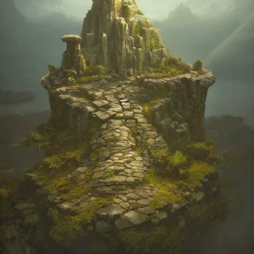 Image similar to aerial view of a stone fort sitting above a swamp in the sunset, dramatic lighting by alan lee by peter mohrbacher, trending on artstation sharp focus vfx key shot