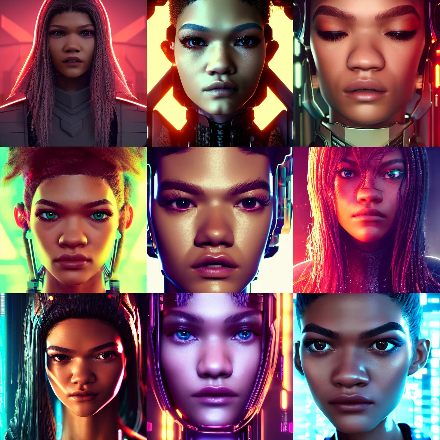 Prompt: portrait of beautiful cyber beautiful Zendaya, cyberpunk, close-up, photorealistic, octane render, 35mm, beautiful big symmetric eyes, coherent, 4k, intricate details, concept art, volumetric lighting, studio lighting, trending or artstation, award winning, beautiful scenery, ray tracing