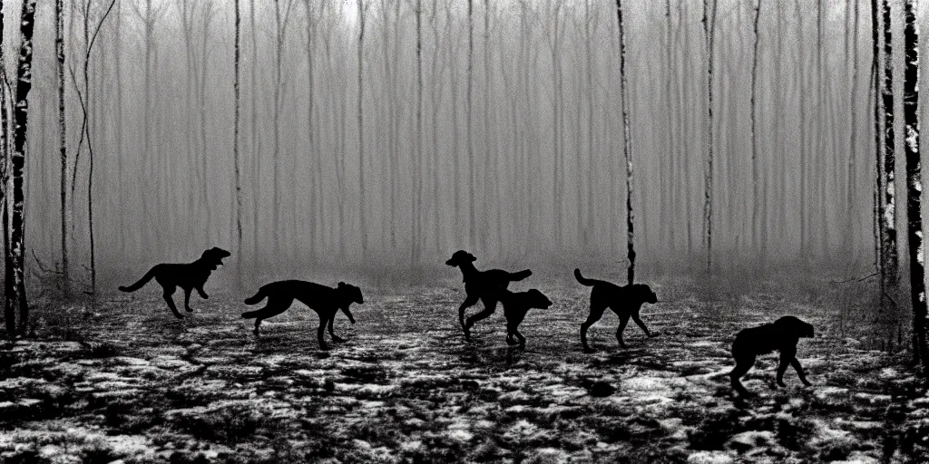 Prompt: movie still by tarkovsky crowd of hunter and crowd of dogs running fast in a swamp snowy with birch forest backround, cinestill 8 0 0 t 3 5 mm b & w, heavy grain, high quality, noir, natural textures, photorealistic, ambient occlusion, hd, dof, mud, fog