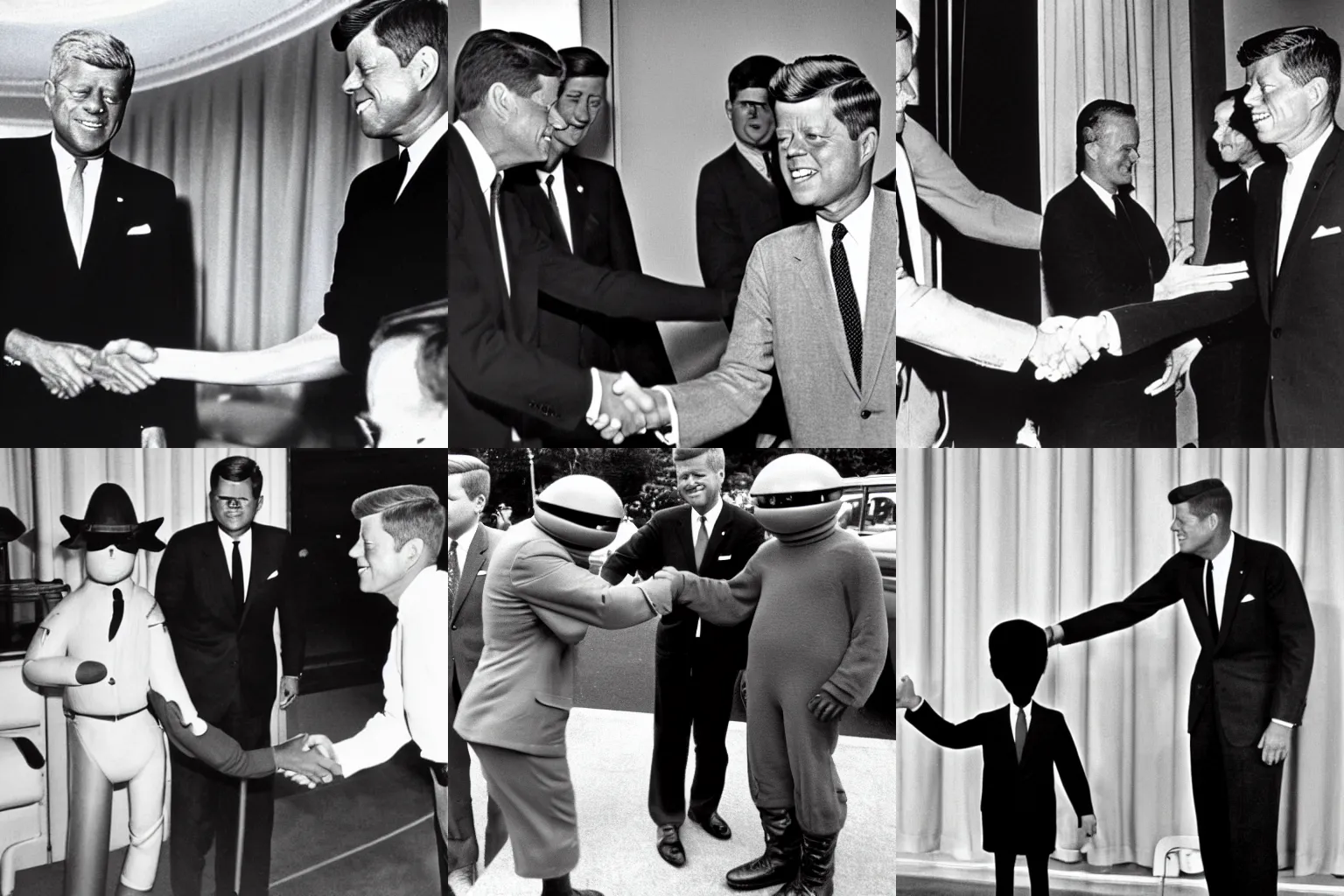 Prompt: JFK shaking hands with an alien, an alien shaking hands with JFK, there's an alien shaking hands with JFK??
