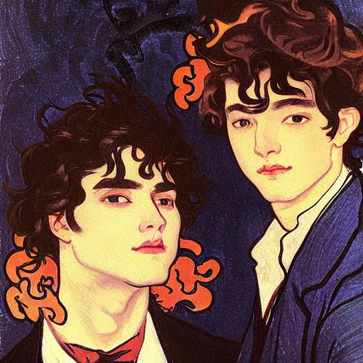 Image similar to painting of young cute handsome beautiful dark medium wavy hair man in his 2 0 s named shadow taehyung and cute handsome beautiful min - jun together at the halloween! party, bubbling cauldron!, candles!, smoke, autumn! colors, elegant, wearing suits!, clothes!, delicate facial features, art by alphonse mucha, vincent van gogh, egon schiele