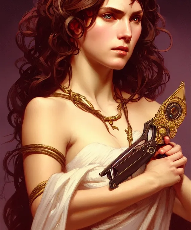 Image similar to portrait of biblical delilah holding small shears, intricate, headshot, highly detailed, digital painting, artstation, concept art, sharp focus, cinematic lighting, illustration, art by artgerm and greg rutkowski, alphonse mucha, cgsociety