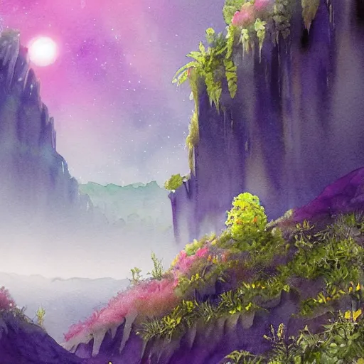 Prompt: beautiful lush natural scene on another planets cliffs, with interesting creatures. different than earth but beautiful. lightfall. beautiful detailed artistic watercolor 8 k hd. trending on artstation and deviantart.
