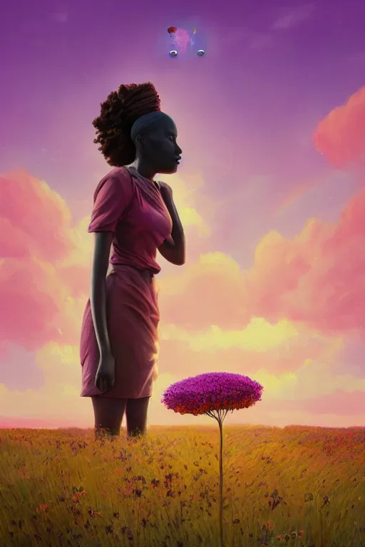 Prompt: closeup, huge flower as the head, an african woman in the heather field, surreal photography, golden hour, colorful clouds, impressionist painting, digital painting, artstation, simon stalenhag