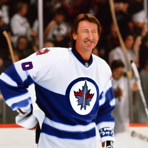 Prompt: wayne gretzky as captain of the winnipeg jets hockey club