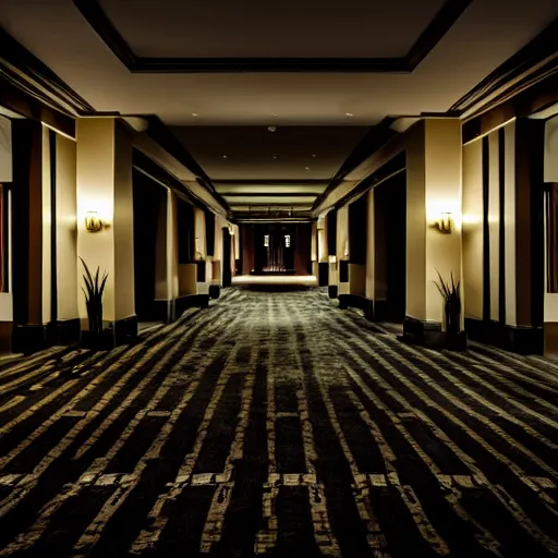 Prompt: empty dark spooky hotel lobby, 8K, realistic, liminal space, creepy, low light