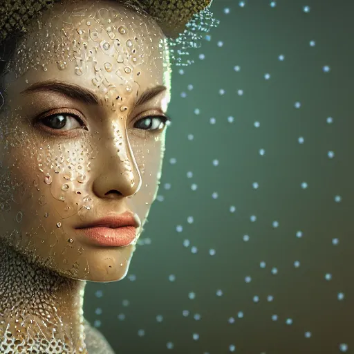 Image similar to a regal brown woman wearing an intricate and detailed armor made of dew drops. multiple layers. reflections. morning dew. textures. delicate. translucent. studio portrait. photorealistic. octane render