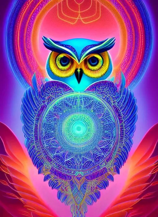 Image similar to symmetry!! product render poster vivid colors divine proportion owl, 神 圣, glowing fog intricate, elegant, highly detailed, digital painting, artstation, concept art, smooth, sharp focus, illustration,