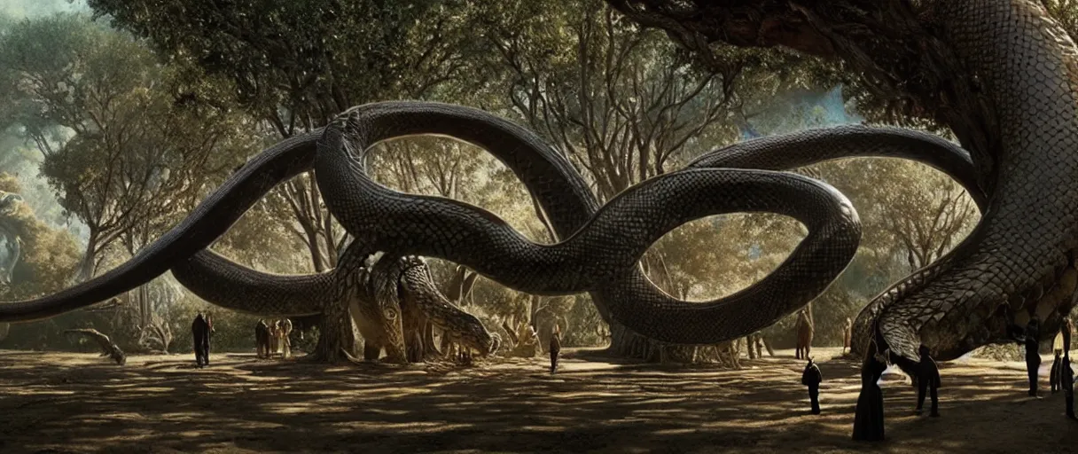 Prompt: a giant snake around the tree of life, high detail, 8k, ornate, dark fantasy, maximalist, realistic, masterpiece, complex, WLOP, film still from the movie directed by Denis Villeneuve with art direction by Salvador Dalí