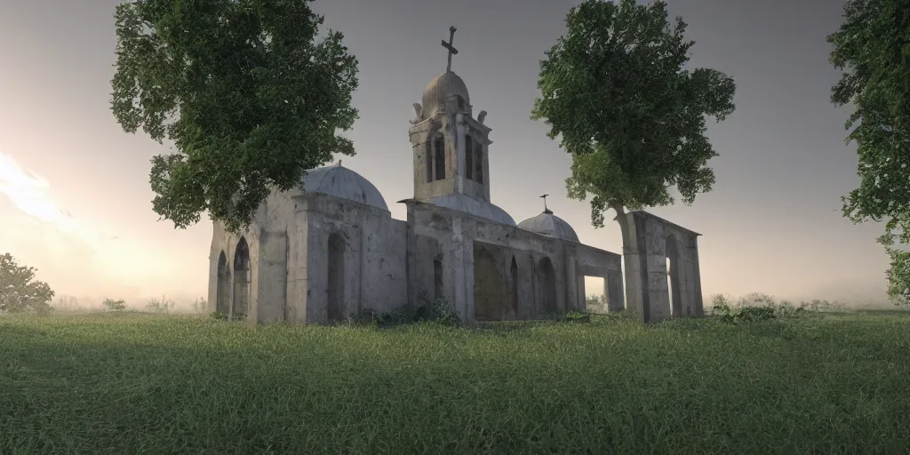 Prompt: abandoned green smooth concrete islamic church, surrounded by lush green forest and red ponds of water, stunning volumetric lighting, sundown, stunning skies, trending on Artstation, 8k, photorealistic, hyper detailed, unreal engine 5, IMAX quality, cinematic, epic lighting, cryengine, octane render, gloomy, foggy, dark