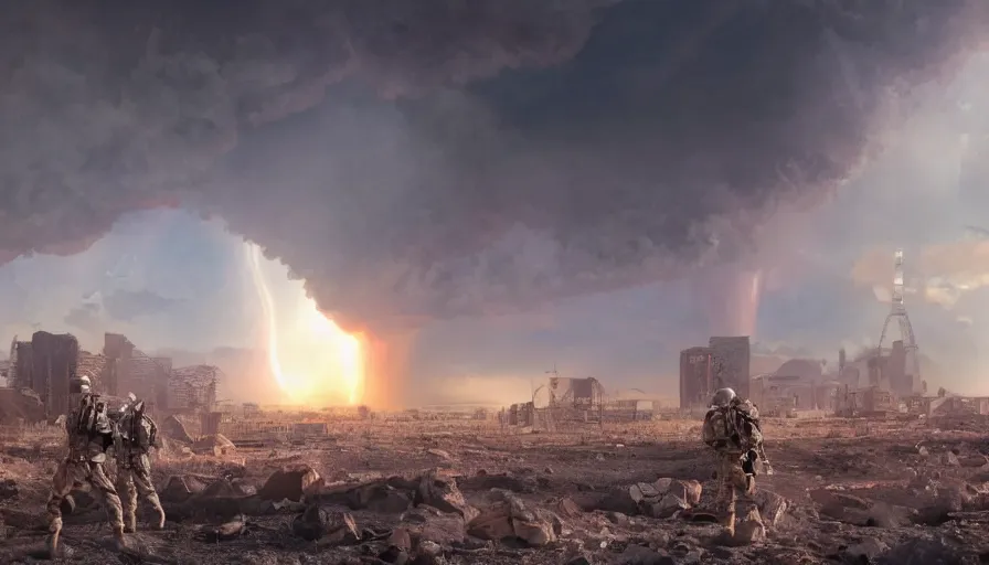 Image similar to troops in las vegas ruins looking at nuclear explosion in the distance, nuclear cloud, hyperdetailed, artstation, cgsociety, 8 k