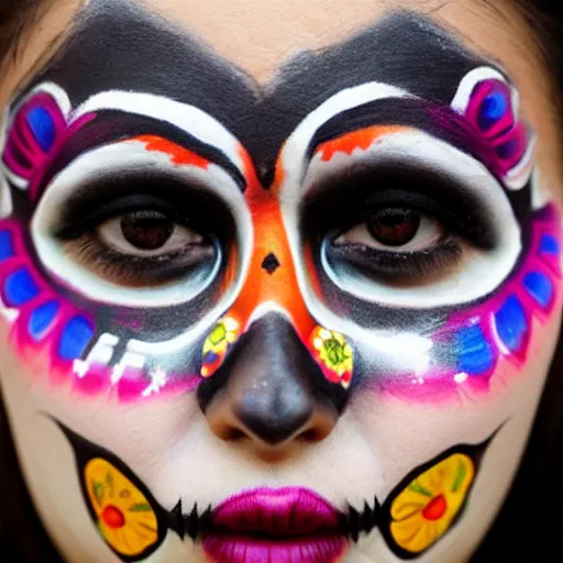 Prompt: an extreme close up photo of a Mexican woman, in her early 20s, wearing dios de Los muertos face paint