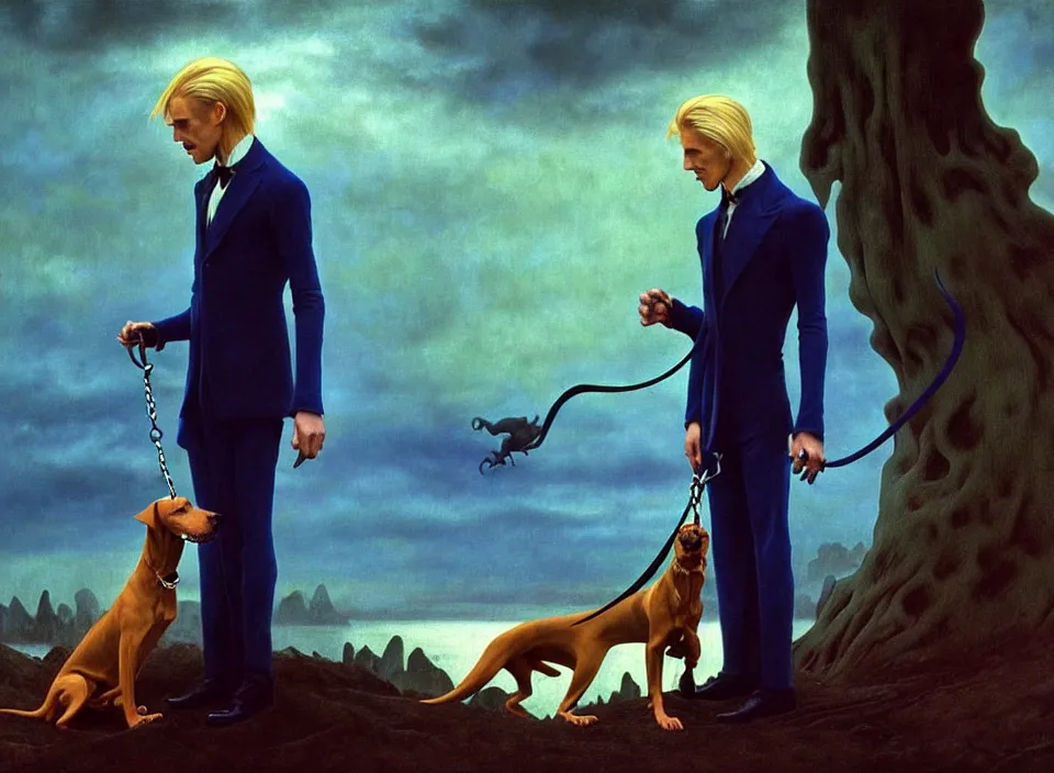 Image similar to realistic detailed portrait movie shot of an elegant blond male vampire with a barking doberman on a leash, sci fi landscape background by denis villeneuve, amano, yves tanguy, alphonse mucha, max ernst, roger dean, masterpiece, rich cold moody colours, dog teeth, blue eyes