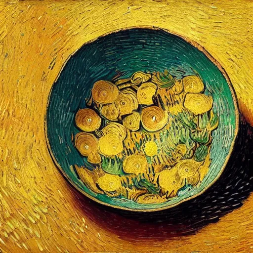 Image similar to vincent van gogh [ within bowl ]!!! resting on table, trending on artstation, cgsociety, [ overhead view ]!!, 4 k quality, intricately defined, professional photography, complexly detailed, polycount