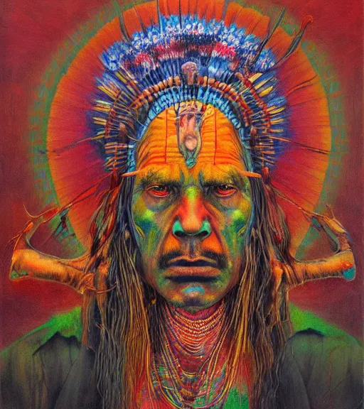 Image similar to Portrait painting in a style of Beksinski mixed with Alex Grey of an old shaman dressed in a colorful traditional clothes.