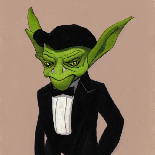 Image similar to goblin in a black tuxedo, 8 k