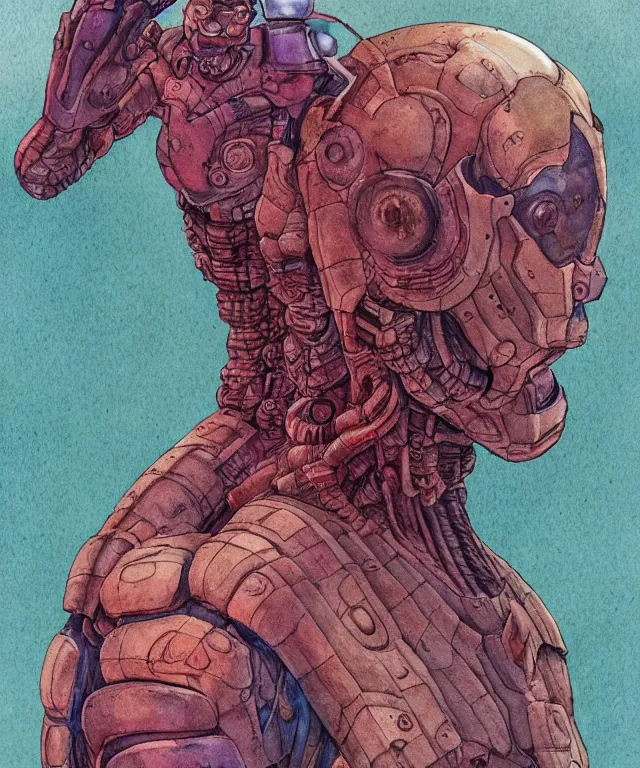 Image similar to a watercolor painting character portrait of a machine mutant in the style of jean giraud in the style of moebius trending on artstation deviantart pinterest detailed realistic hd 8 k high resolution