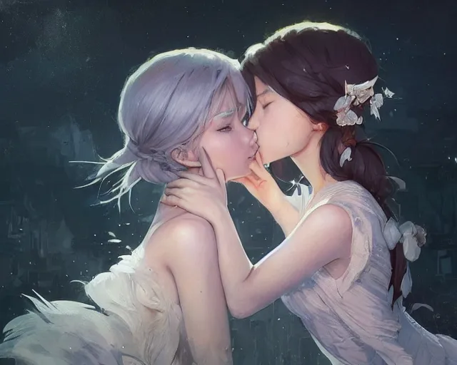 Image similar to two beautiful girls kissing, sharp details, sharp focus, elegant, highly detailed, illustration, by jordan grimmer and greg rutkowski and pine ( ハイネ ) and 薯 子 imoko and 香 川 悠 作 and wlop and maya takamura, intricate, beautiful, trending artstation, pixiv, digital art