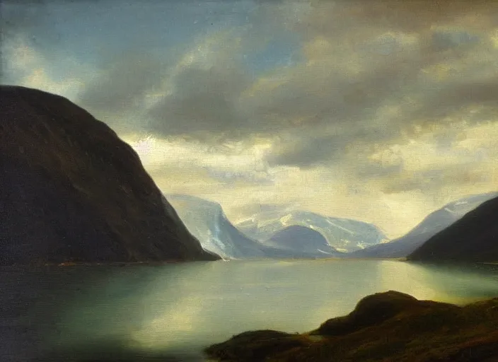 Image similar to norwegian fjords in the style of hudson river school of art, oil on canvas