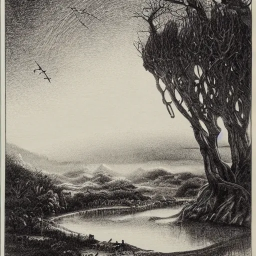Image similar to impressive fantasy landscape, pure b & w, etching illustration, masterpiece