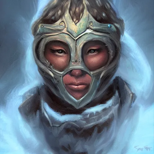 Image similar to a fantasy snow bandit from ‘ icewind dale ’ with mask, ‘ icewind dale 2 ’ profile portrait by ‘ justin sweet ’, falling snow, soft focus, illustrated, oil paint, artstation