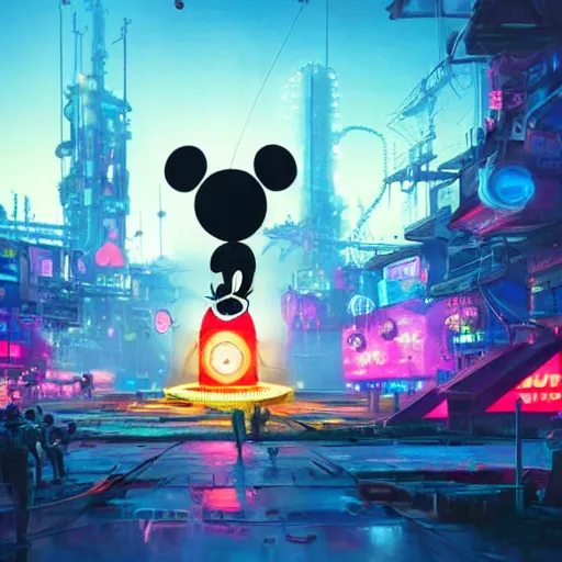 Prompt: a group of people standing around a giant one eyed mickey mouse, cyberpunk art by david lachapelle, cgsociety, sots art, dystopian art by industrial light and magic, concept art, neons, interior, in the style of beeple