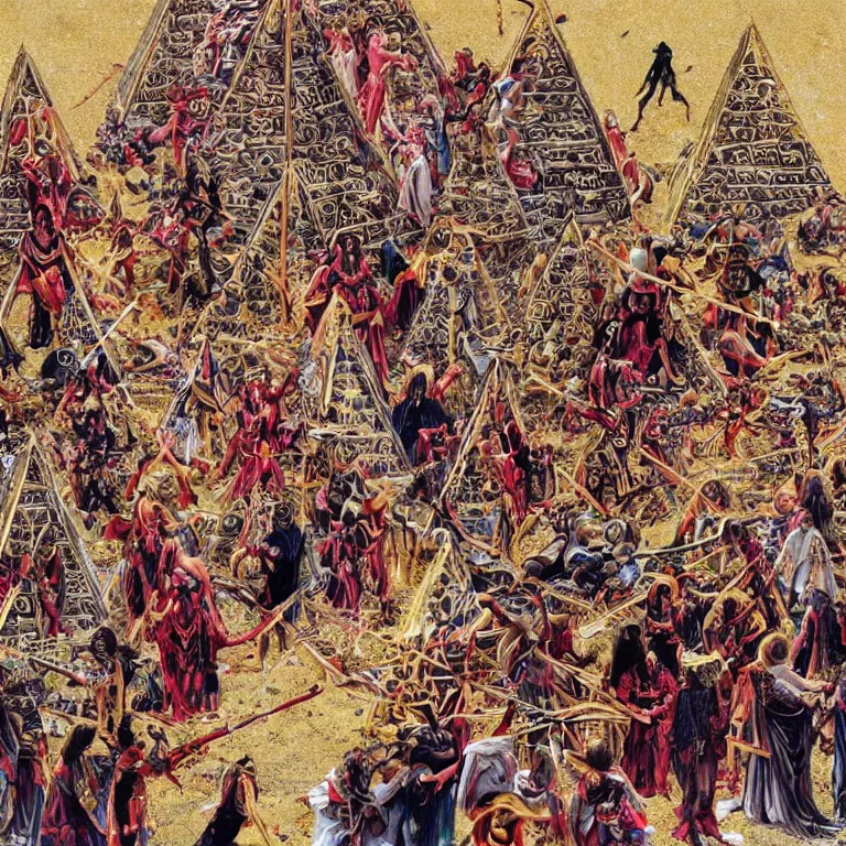 Prompt: pov of members of esoteric cult sacrificing humans next to inverted pyramids, 8mm hyper realistic and detailed, wear heavy red ornemental costumes and elongate gold masks and jewels