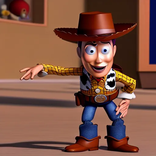 Prompt: ocatne render of Woody from toy story with a snake in his boot