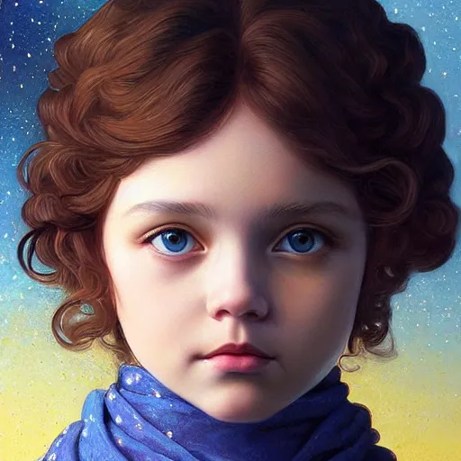 Image similar to a little girl with short wavy curly light brown hair and blue eyes, a space empress in byzantine style. beautiful highly detailed face, painting by ilya kuvshinov