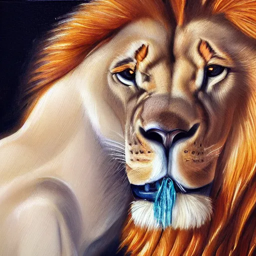 Prompt: oil painting of a lion kissing another lion male, detailed, 4k, fantasy