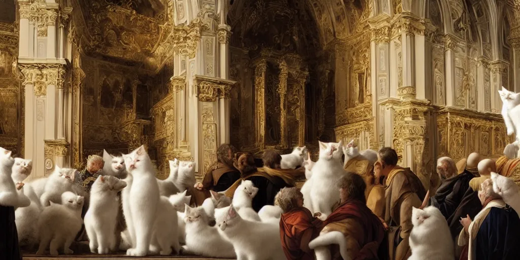 Image similar to beautiful oil matte painting, white fluffy cats holding a church ceremony inside a baroque cathedral, wonderful masterpiece highly detailed, beautiful cinematic light deep focus, elegant, digital painting, smooth, sharp focus, golden ratio, dramatic illumination, ultra realistic, 8 k, art by giovanni bellini and caravaggio