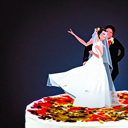 Prompt: exaggerated image of a bride and groom dancing on top of a cake, a rotoscoped image, rotoscoping, digital art, artstation, award winning image