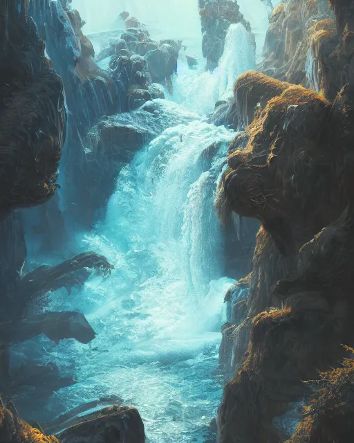 Image similar to cascade de surpris, blue sea, environment art, fantasy art, landscape art, in the style of greg rutkowski, illustration, epic, fantasy, intricate, hyper detailed, artstation, concept art, smooth, sharp focus, ray tracing