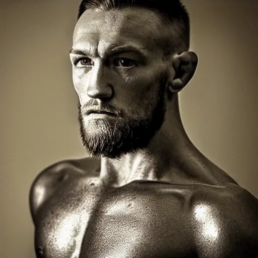 Image similar to “a realistic detailed photo of a guy who is an attractive humanoid who is half robot and half humanoid, who is a male android, boxer Conor McGregor, shiny skin, posing like a statue, blank stare”