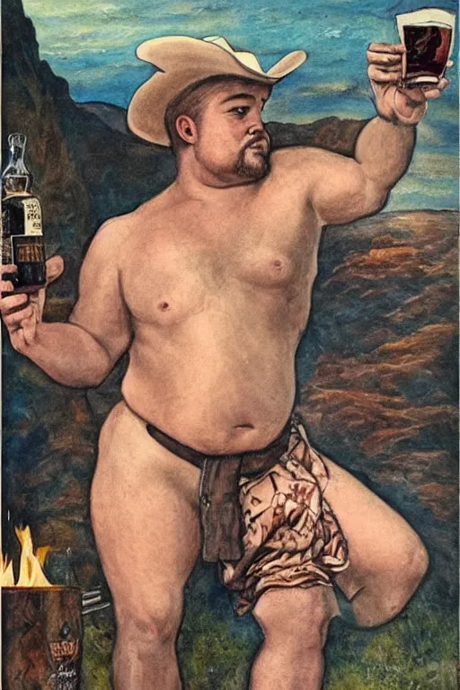 Prompt: a dramatic, epic, ethereal painting of a !handsome! thicc mischievous shirtless cowboy with a beer belly!! wearing a large belt and bandana offering a whiskey bottle | he is relaxing by a campfire | background is a late night with food and jugs of whisky | homoerotic | chubby, stars, tarot card, art deco, art nouveau, intricate | by Mark Maggiori (((and Alphonse Mucha))) | trending on artstation