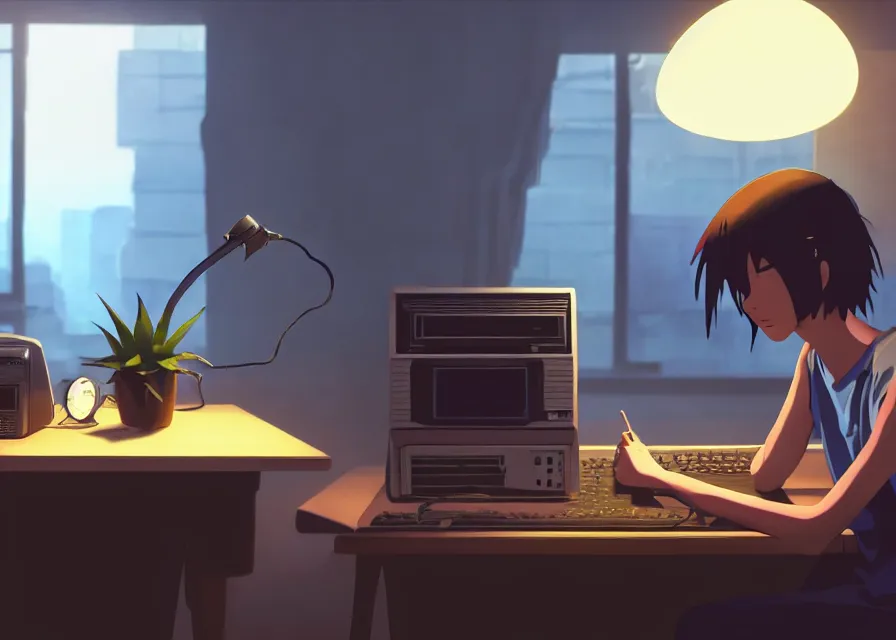 Prompt: a person next to an old pc computer at a desk with a lamp and a cactus, makoto shinkai, dusty, matte painting