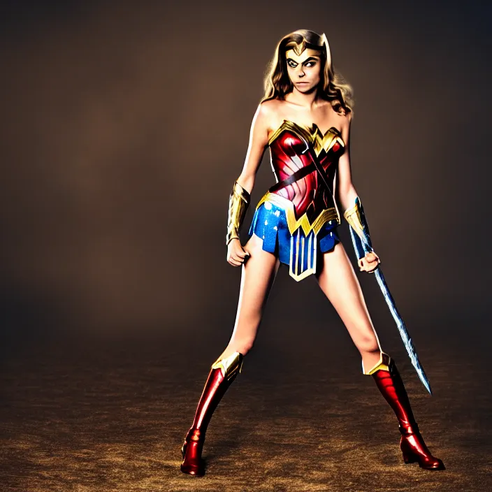 Image similar to professional full length photograph of cara delevingne as wonder woman. Extremely detailed. 8k